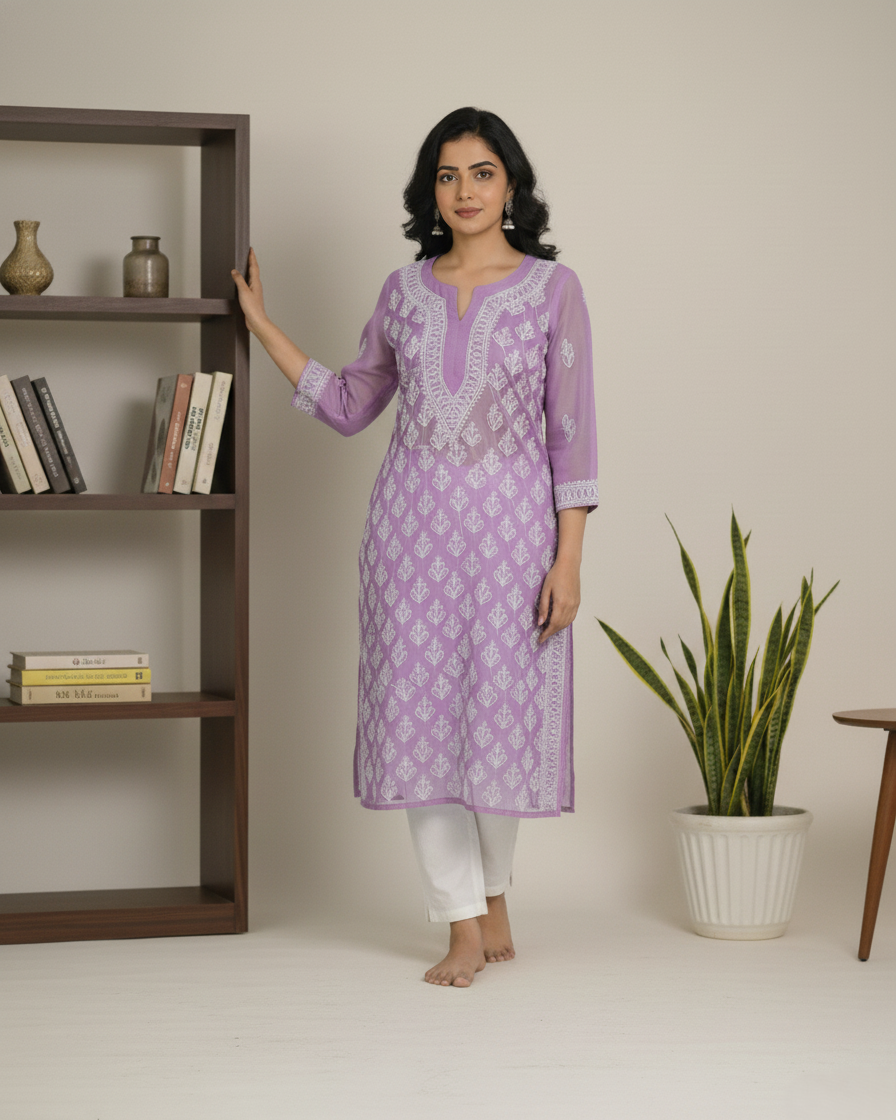 Lavender georgette jaal kurta with hand embroidery - front view