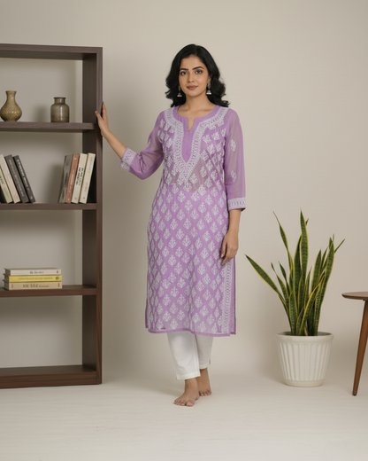 Lavender georgette jaal kurta with hand embroidery - front view