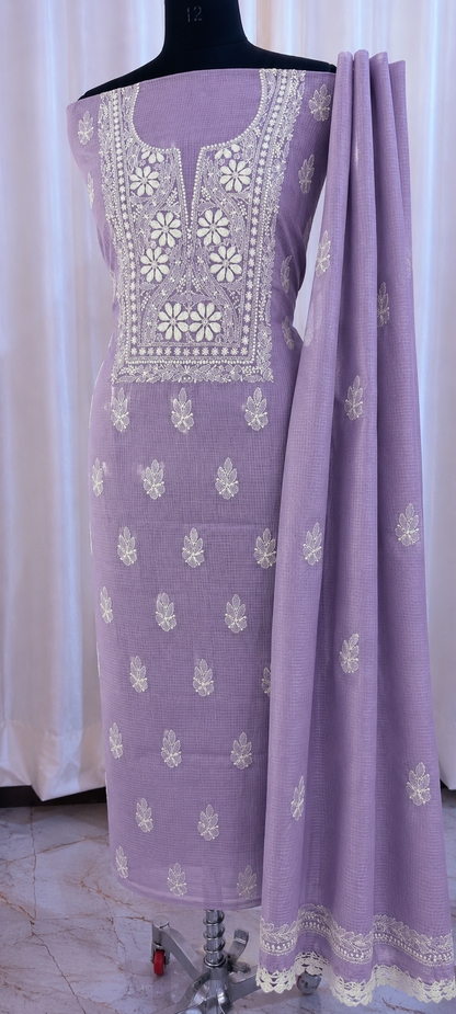Soft Kota Doria Top & Dupatta Dress Material with Lucknowi Chikankari & Kurashiya Work