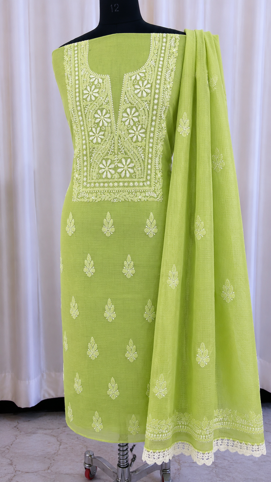 Soft Kota Doria Top & Dupatta Dress Material with Lucknowi Chikankari & Kurashiya Work