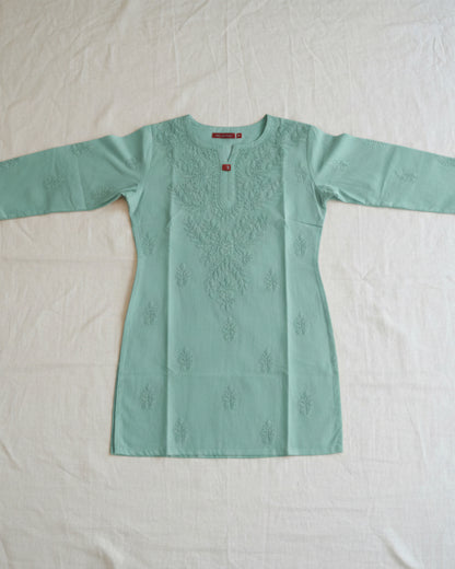 Olive cotton short top with heavy chikankari work - flat lay front view