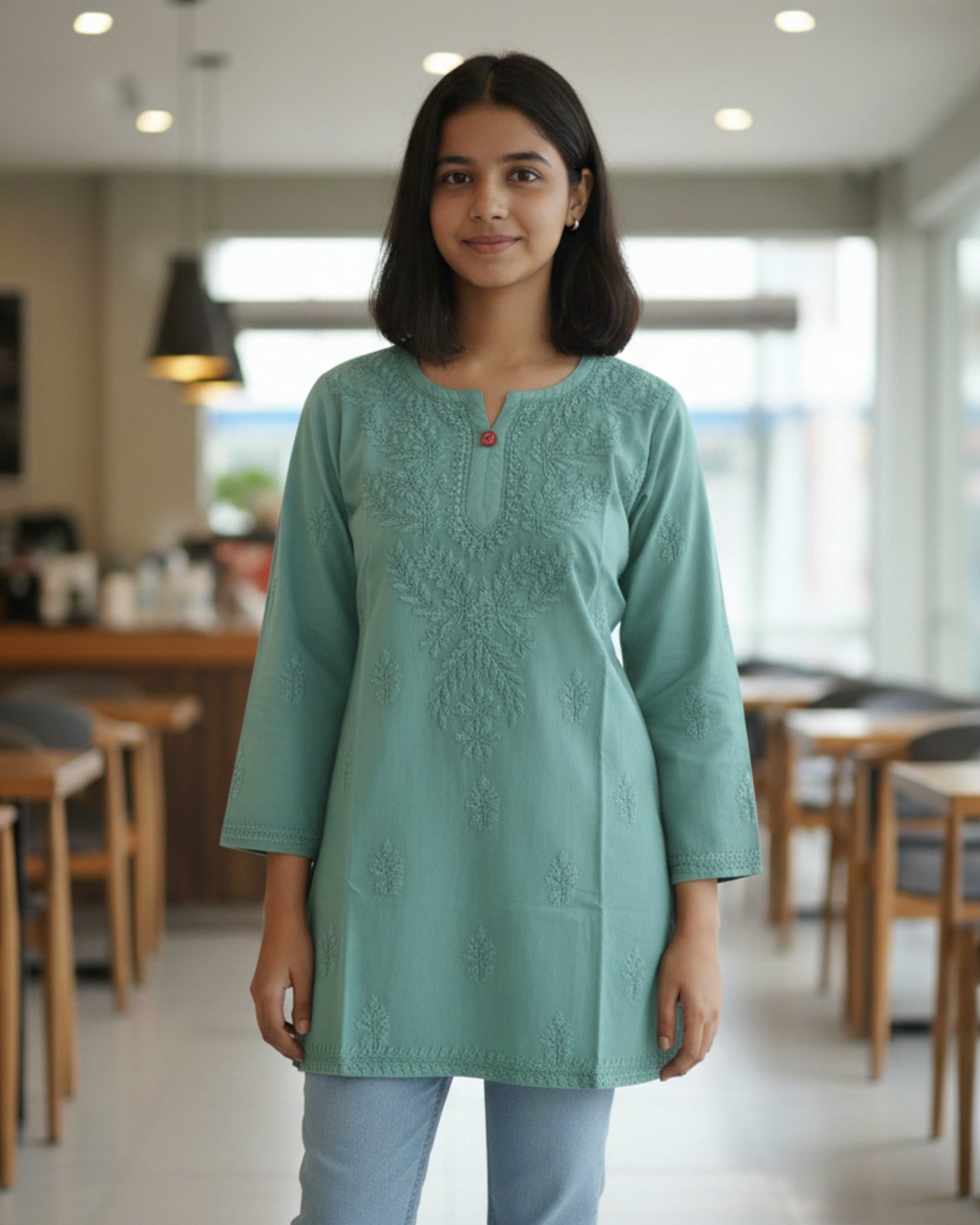 Olive cotton short top with heavy chikankari work - front view