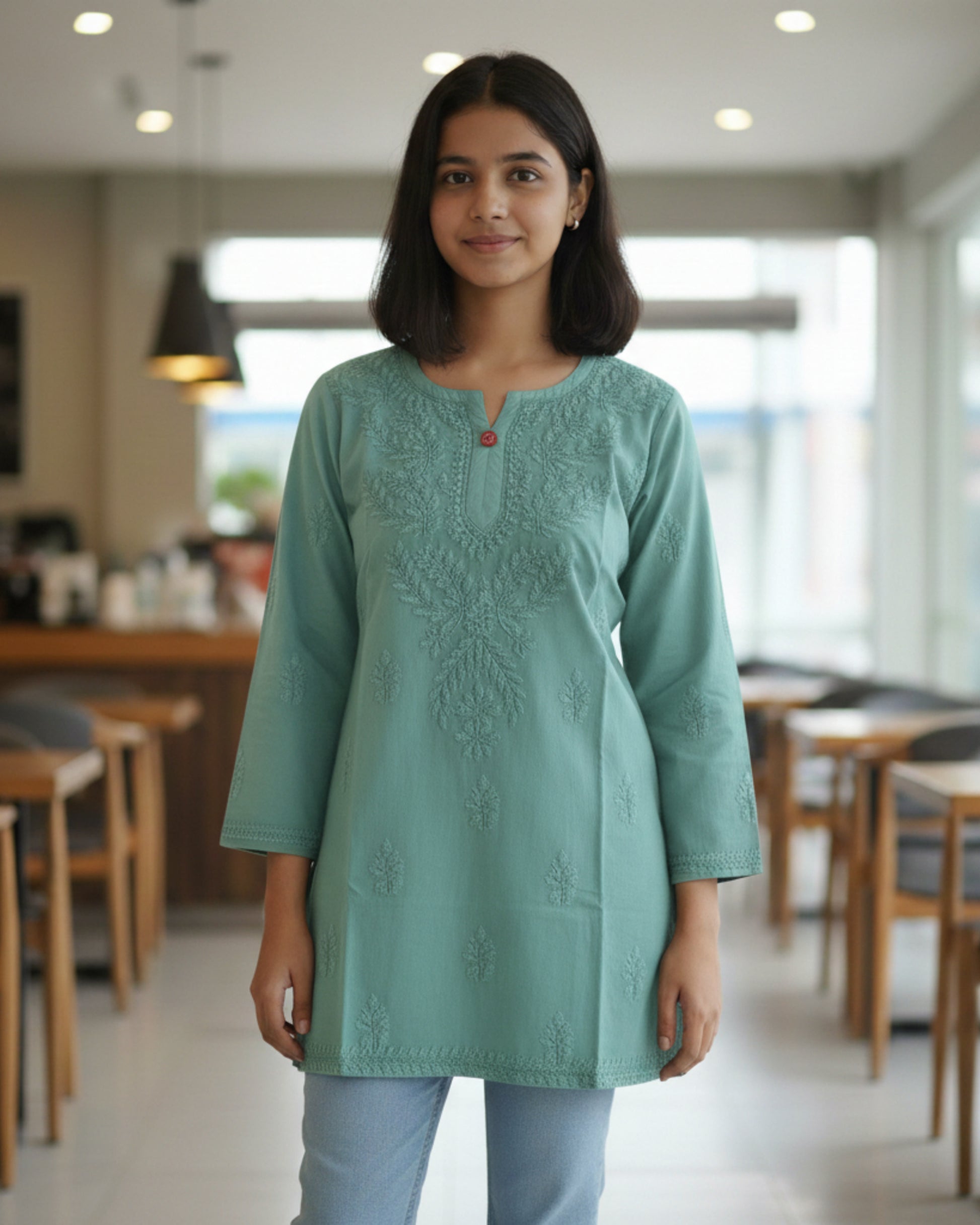 Olive cotton short top with heavy chikankari work - front view