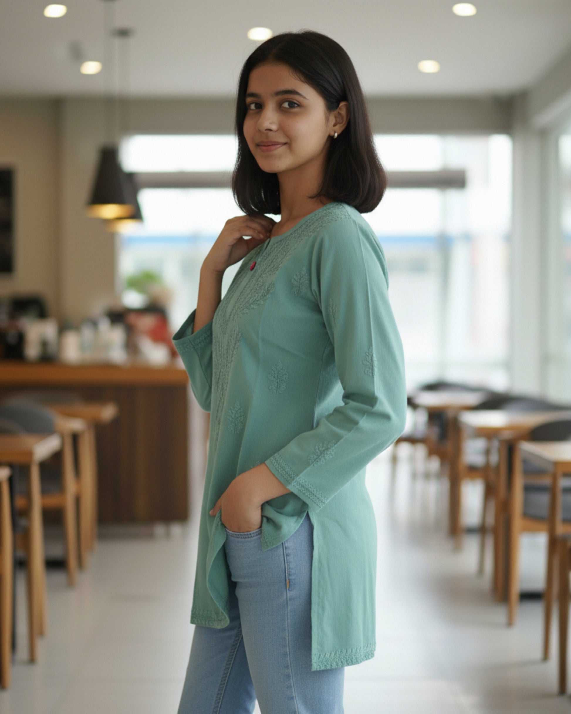 Olive cotton short top with heavy chikankari work - Side view
