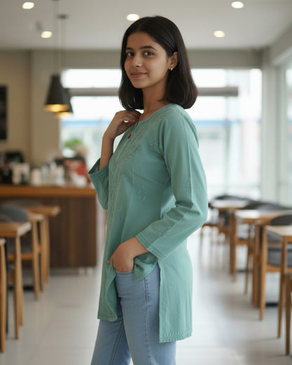 Olive cotton short top with heavy chikankari work - Side view