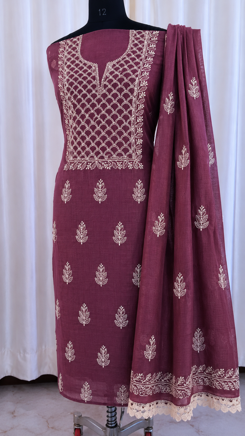 Soft Kota Doria Top & Dupatta Dress Material with Lucknowi Chikankari & Kurashiya Work