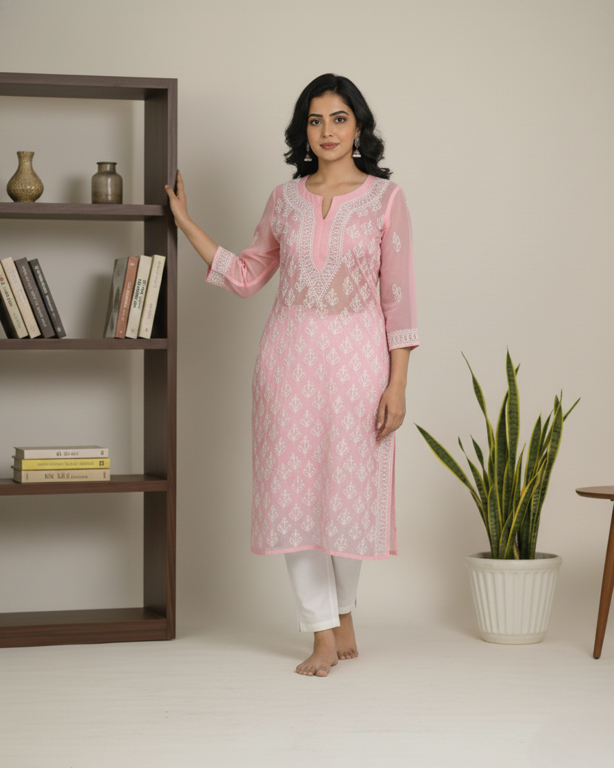 Baby pink georgette jaal kurta with hand embroidery - front view