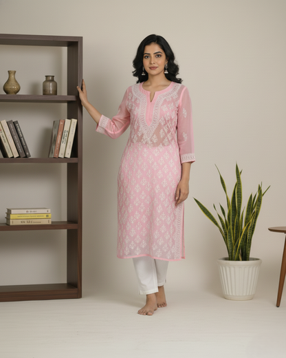Baby pink georgette jaal kurta with hand embroidery - front view