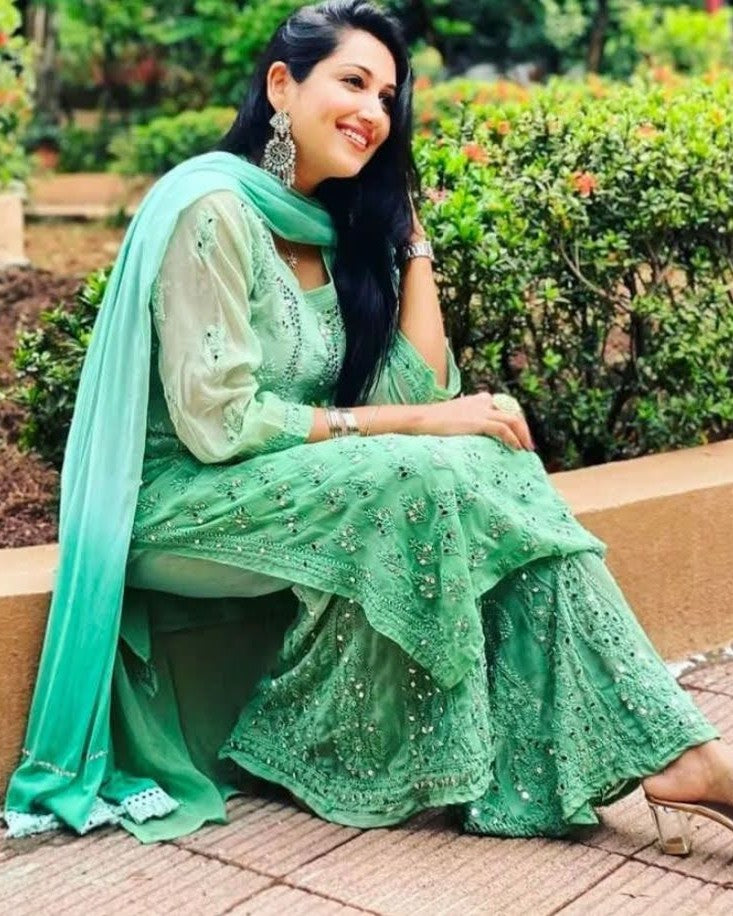 Green ombre georgette kurta sharara dupatta set with mirror work
