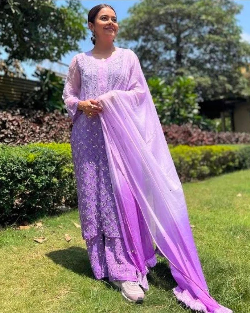 Lavender ombre georgette kurta sharara dupatta set with mirror work - front view