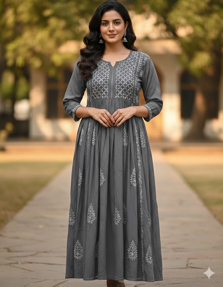 Gray cotton anarkali showing yoke detailing with mukaish work - front view