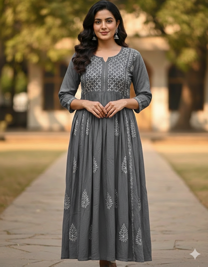 Gray cotton anarkali showing yoke detailing with mukaish work - front view
