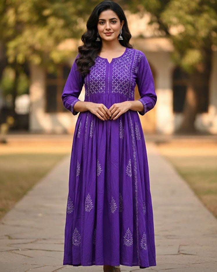 Purple cotton anarkali showing yoke detailing with mukaish work - front view