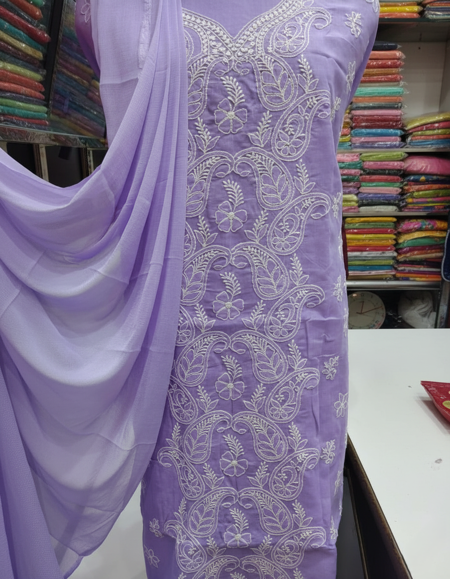 Pure Voile Cotton 3-Piece Suit with Chikankari Embroidery