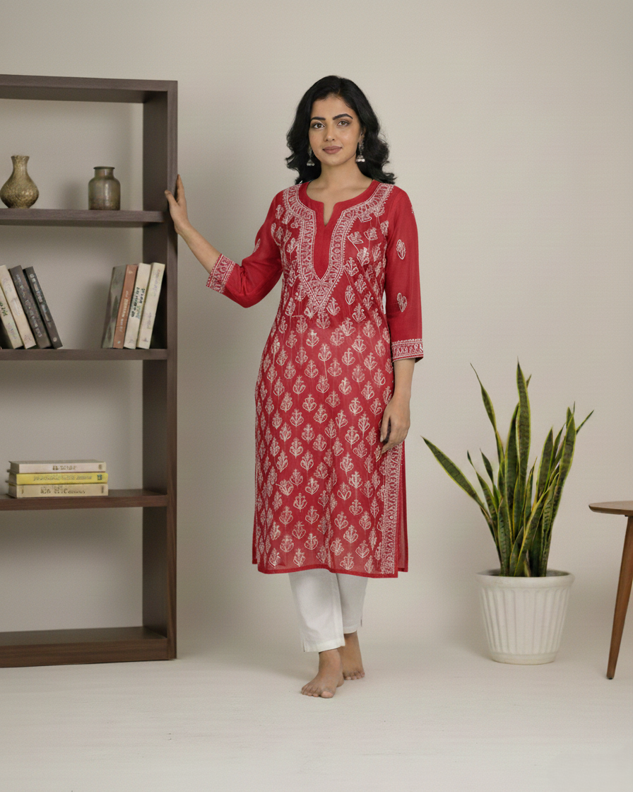 Red georgette jaal kurta with hand embroidery - front view