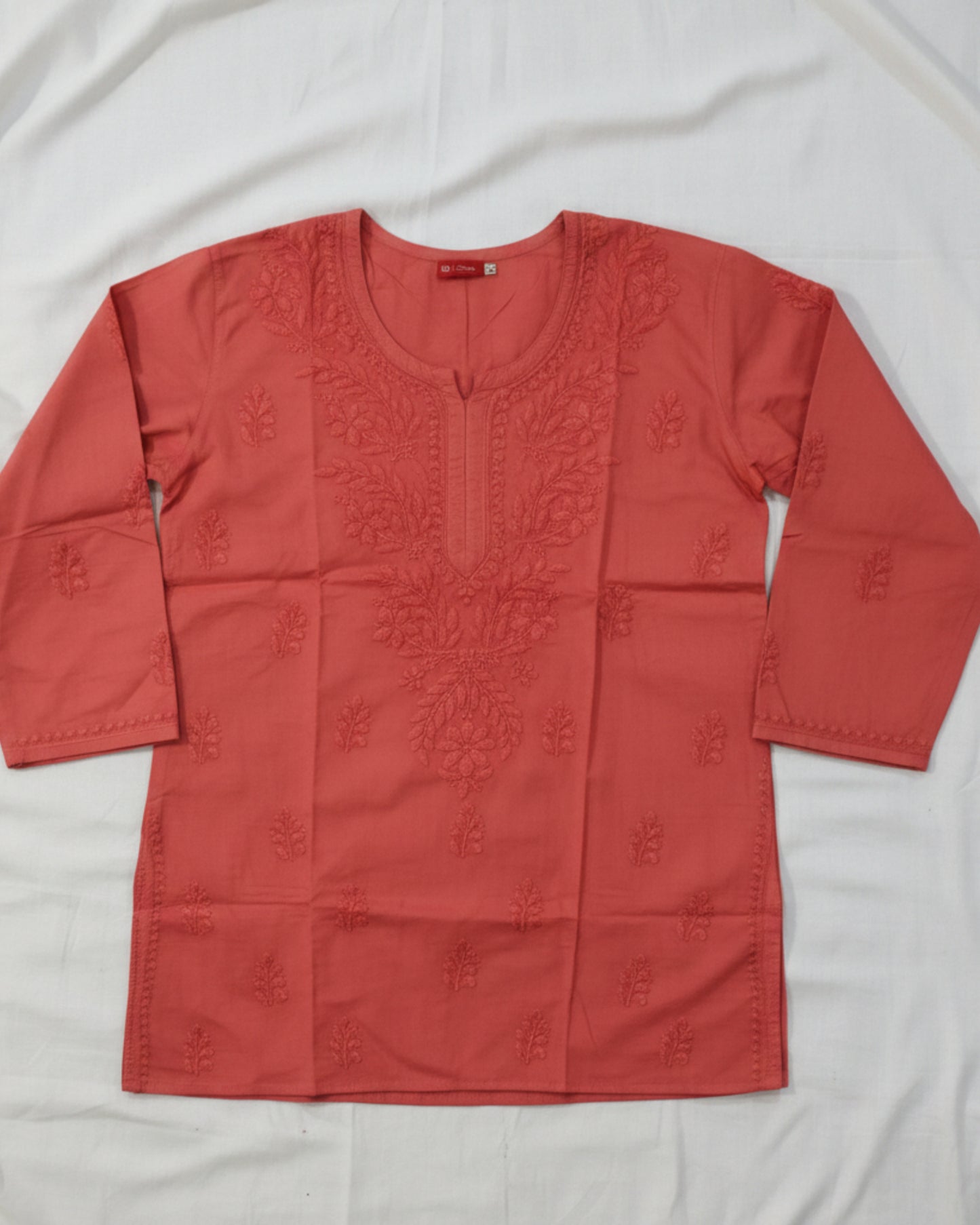 Red cotton short top with heavy chikankari work - Flay lay front view