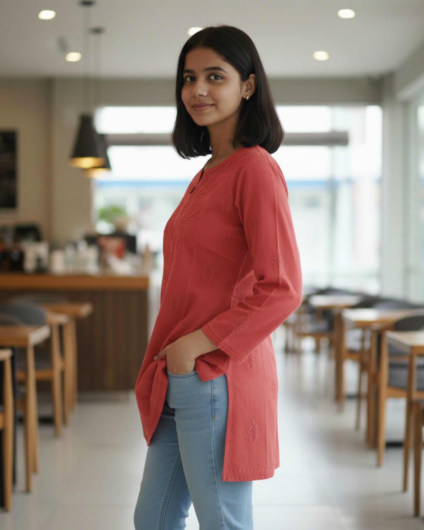 Red cotton short top with heavy chikankari work - Side view