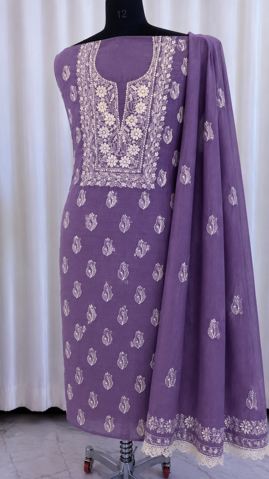 Soft Kota Doria Top & Dupatta Dress Material with Lucknowi Chikankari & Kurashiya Work