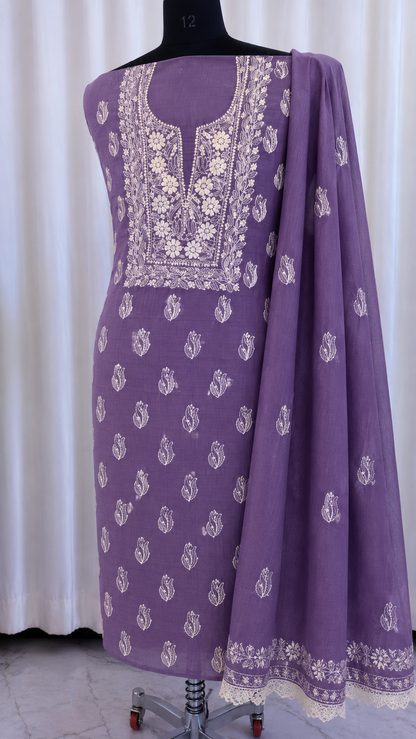 Soft Kota Doria Top & Dupatta Dress Material with Lucknowi Chikankari & Kurashiya Work