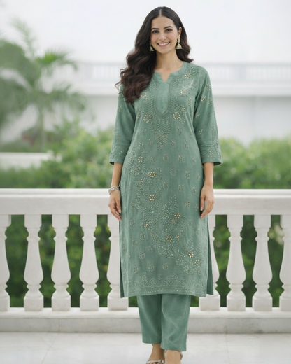 Olive color viscose georgette kurti with Lucknowi chikankari - front view