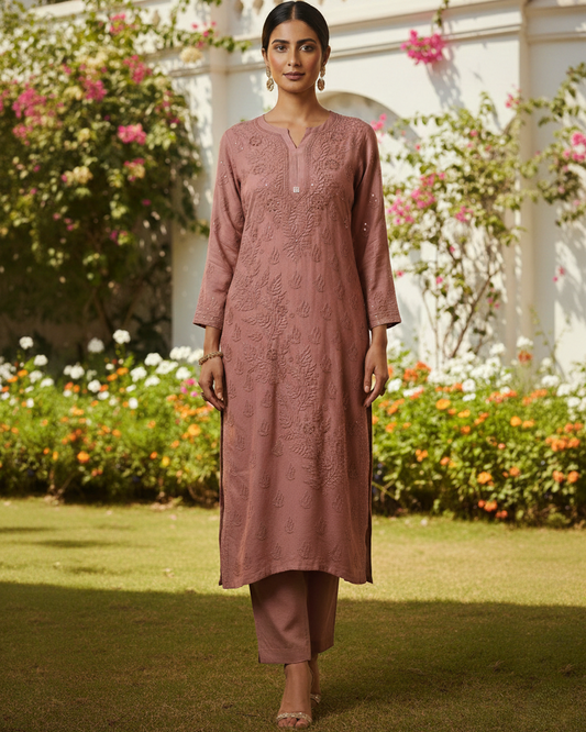 Skin color viscose georgette kurti with Lucknowi chikankari - front view