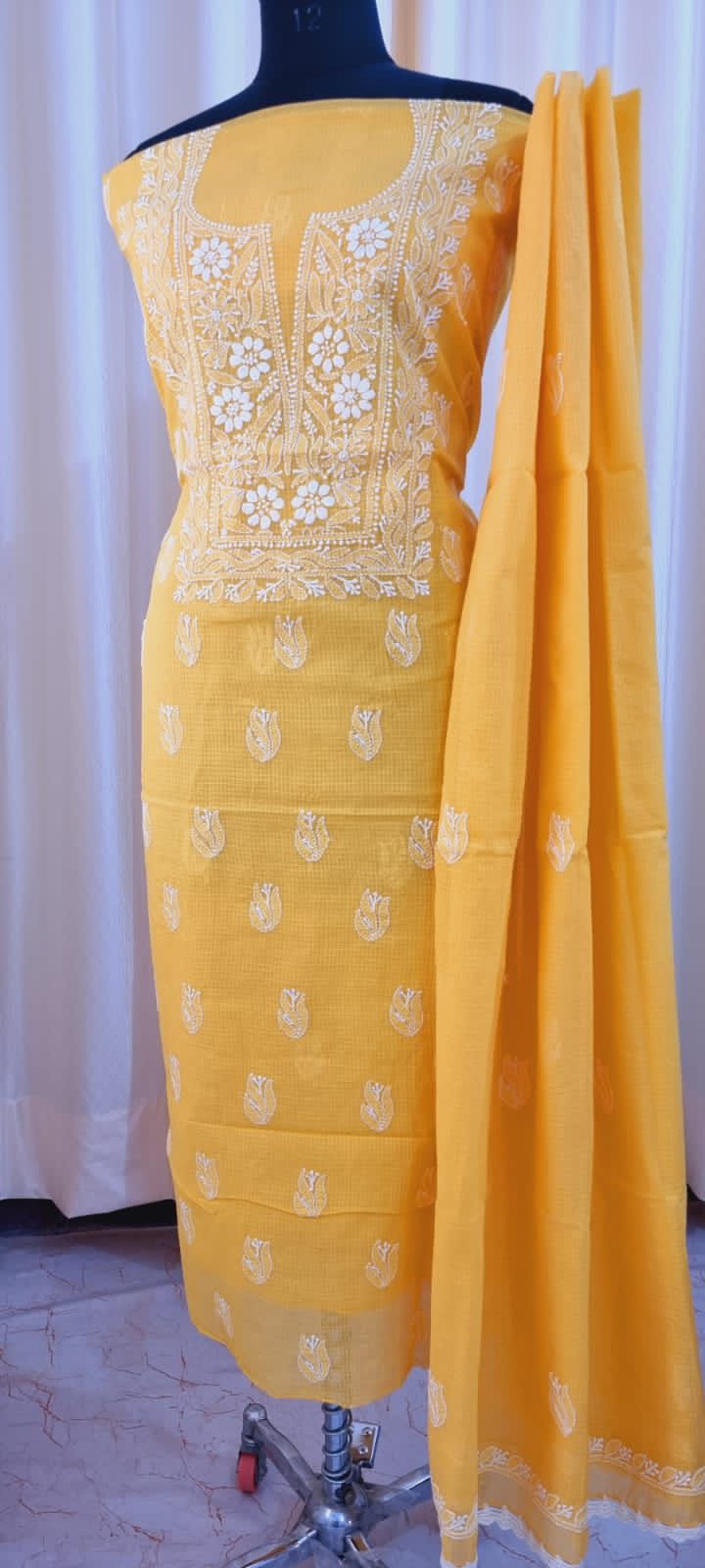Soft Kota Doria Top & Dupatta Dress Material with Lucknowi Chikankari & Kurashiya Work