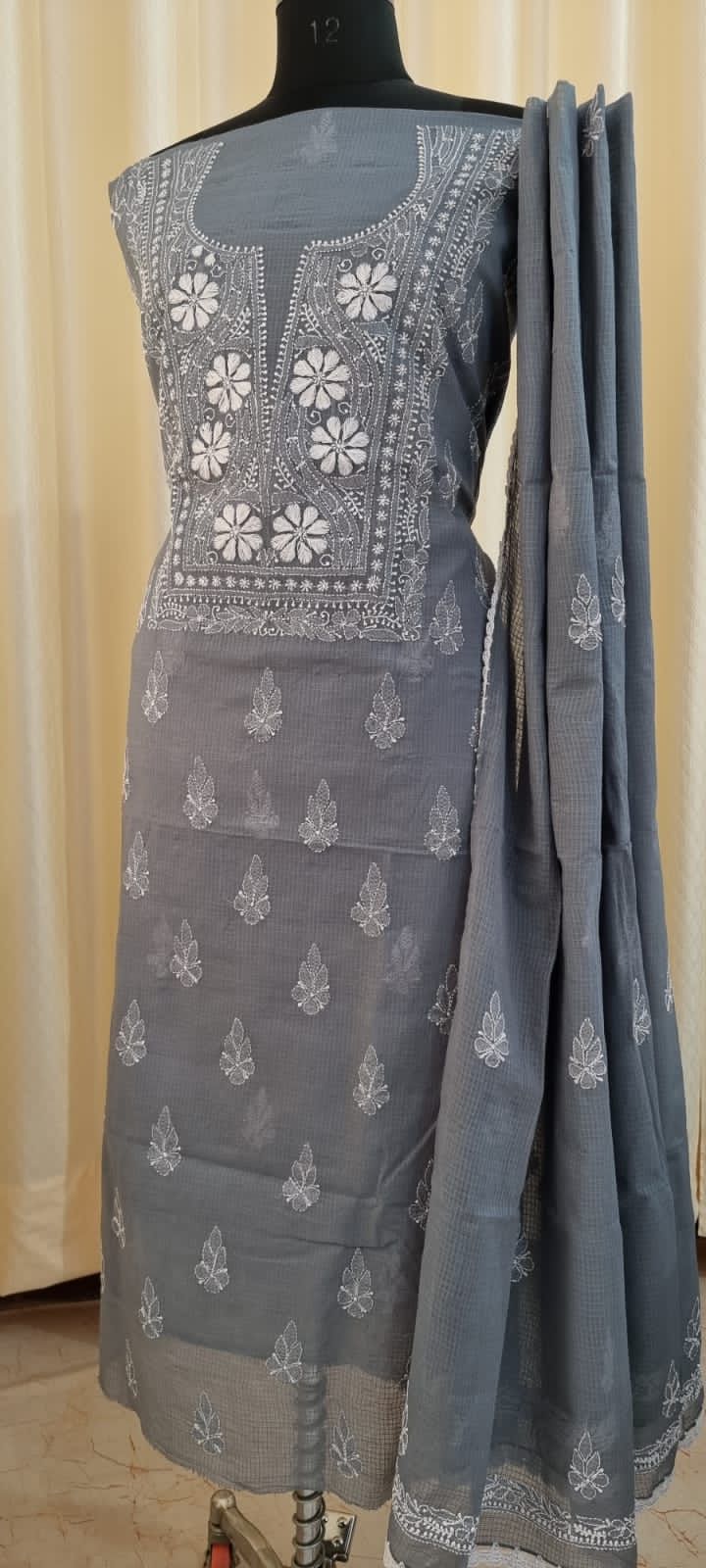 Soft Kota Doria Top & Dupatta Dress Material with Lucknowi Chikankari & Kurashiya Work