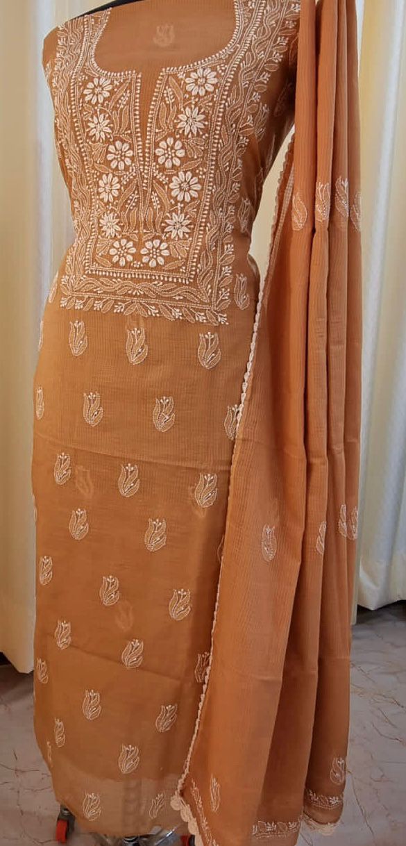 Soft Kota Doria Top & Dupatta Dress Material with Lucknowi Chikankari & Kurashiya Work