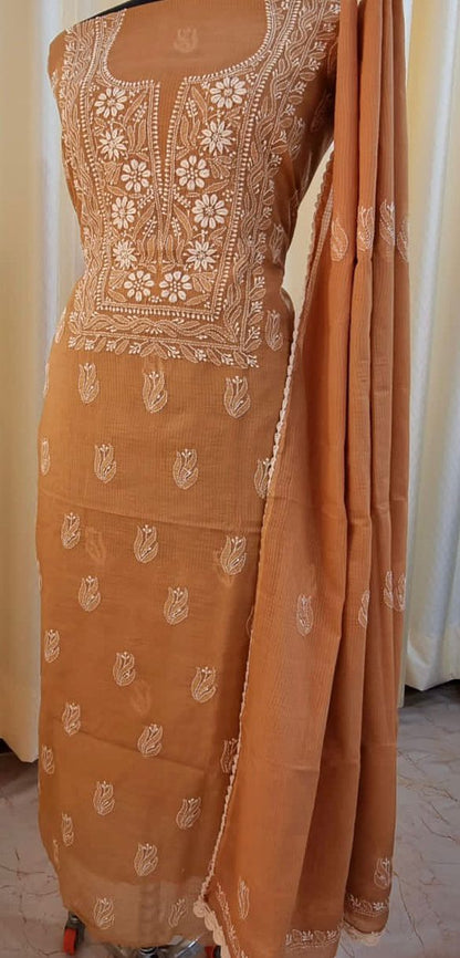 Soft Kota Doria Top & Dupatta Dress Material with Lucknowi Chikankari & Kurashiya Work