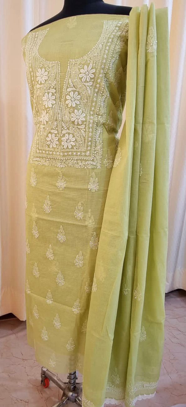 Soft Kota Doria Top & Dupatta Dress Material with Lucknowi Chikankari & Kurashiya Work
