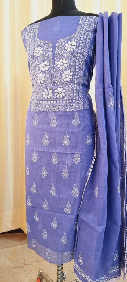 Soft Kota Doria Top & Dupatta Dress Material with Lucknowi Chikankari & Kurashiya Work