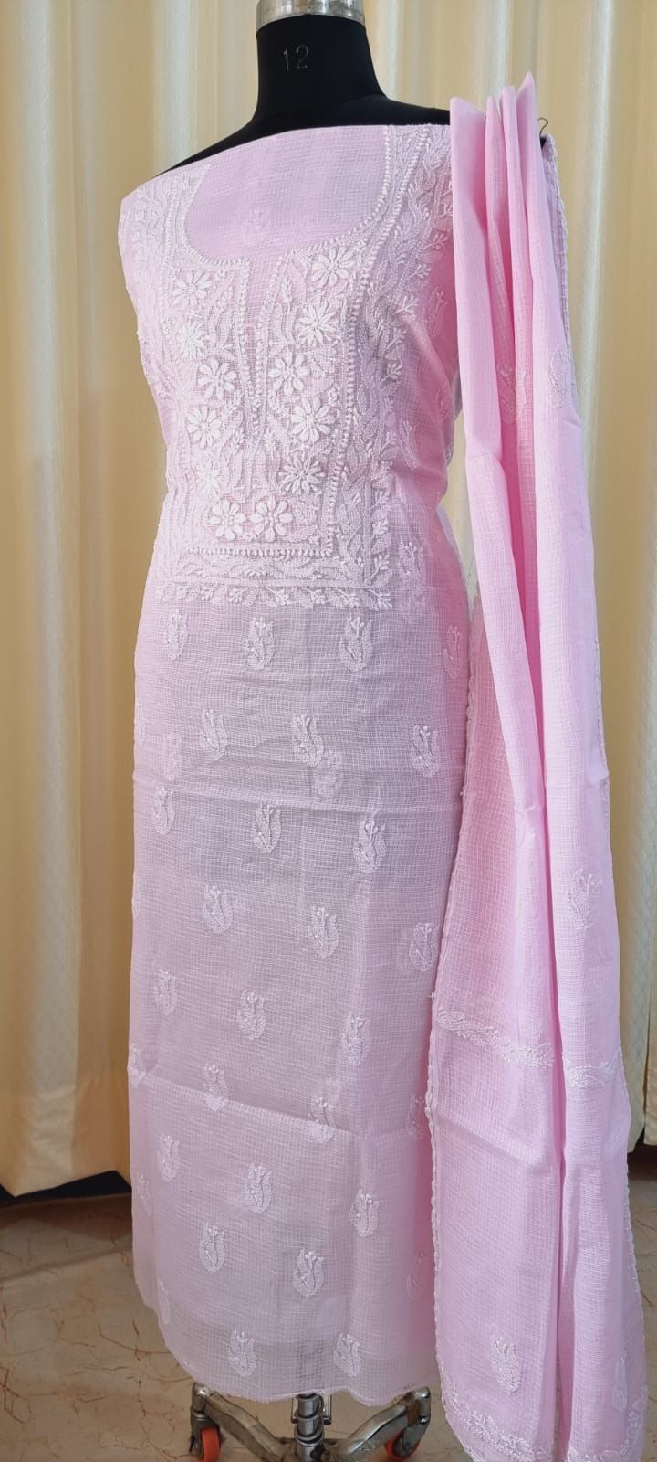 Soft Kota Doria Top & Dupatta Dress Material with Lucknowi Chikankari & Kurashiya Work