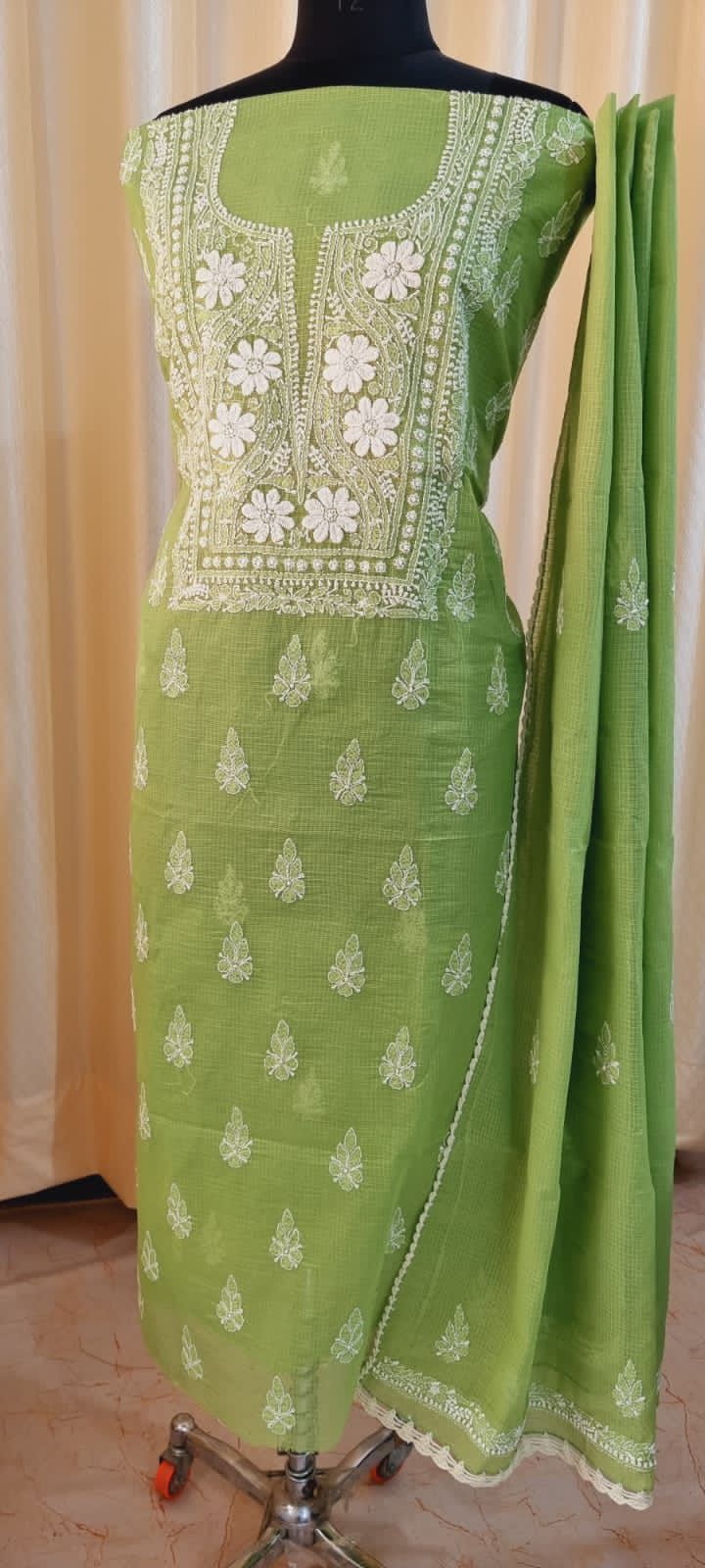 Soft Kota Doria Top & Dupatta Dress Material with Lucknowi Chikankari & Kurashiya Work