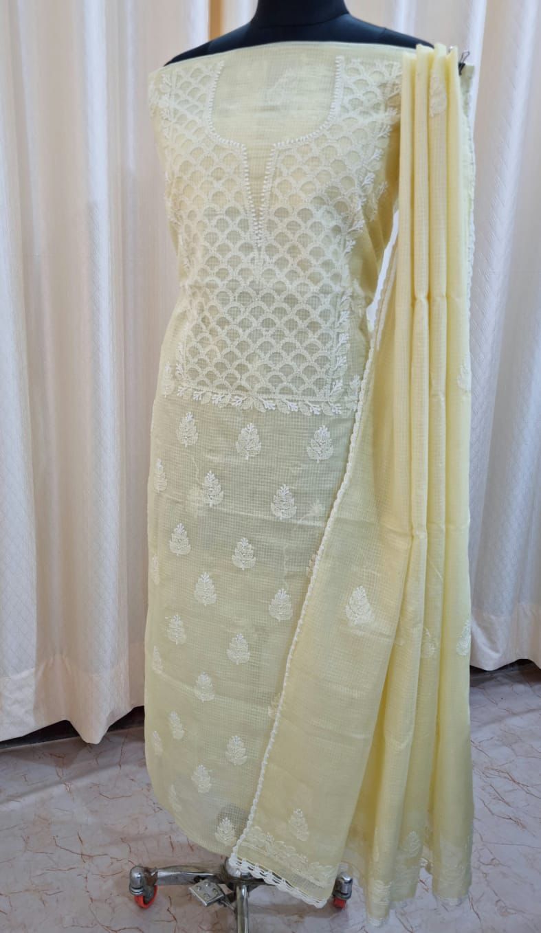 Soft Kota Doria Top & Dupatta Dress Material with Lucknowi Chikankari & Kurashiya Work