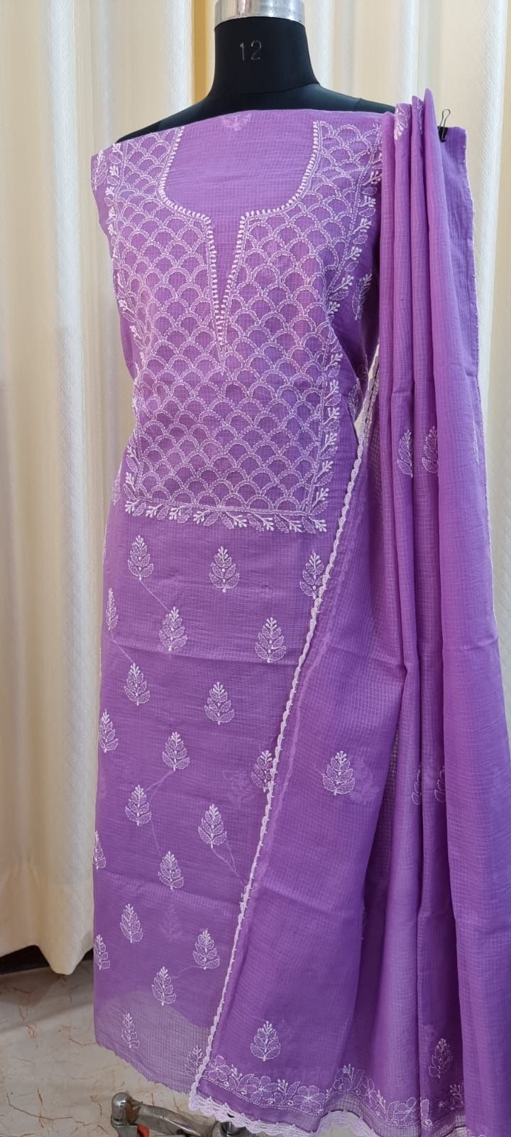 Soft Kota Doria Top & Dupatta Dress Material with Lucknowi Chikankari & Kurashiya Work