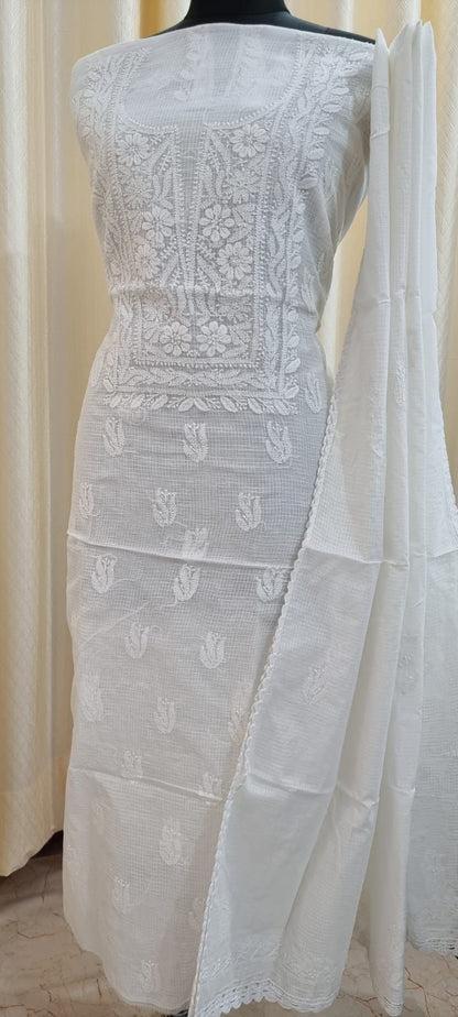 Soft Kota Doria Top & Dupatta Dress Material with Lucknowi Chikankari & Kurashiya Work
