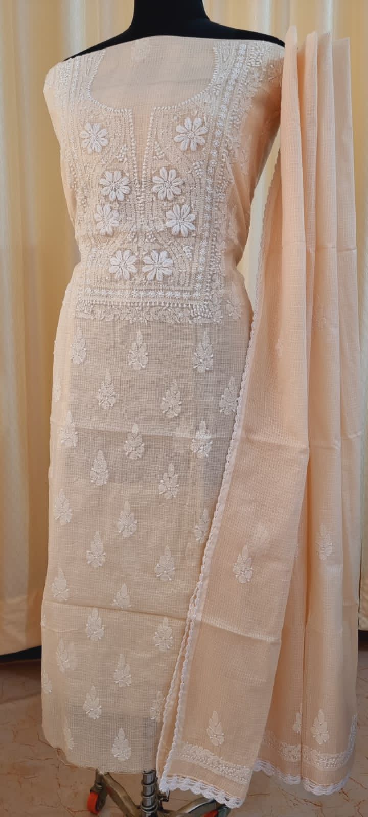Soft Kota Doria Top & Dupatta Dress Material with Lucknowi Chikankari & Kurashiya Work