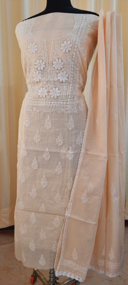 Soft Kota Doria Top & Dupatta Dress Material with Lucknowi Chikankari & Kurashiya Work