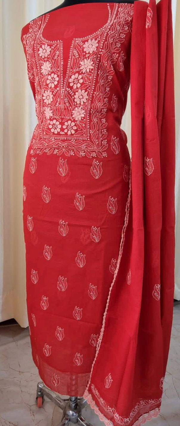 Soft Kota Doria Top & Dupatta Dress Material with Lucknowi Chikankari & Kurashiya Work