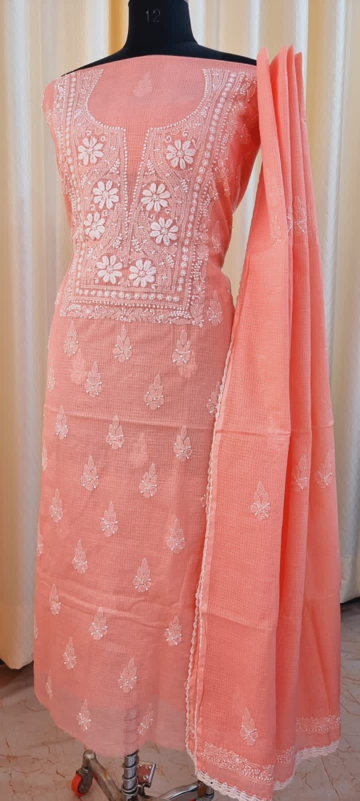 Soft Kota Doria Top & Dupatta Dress Material with Lucknowi Chikankari & Kurashiya Work