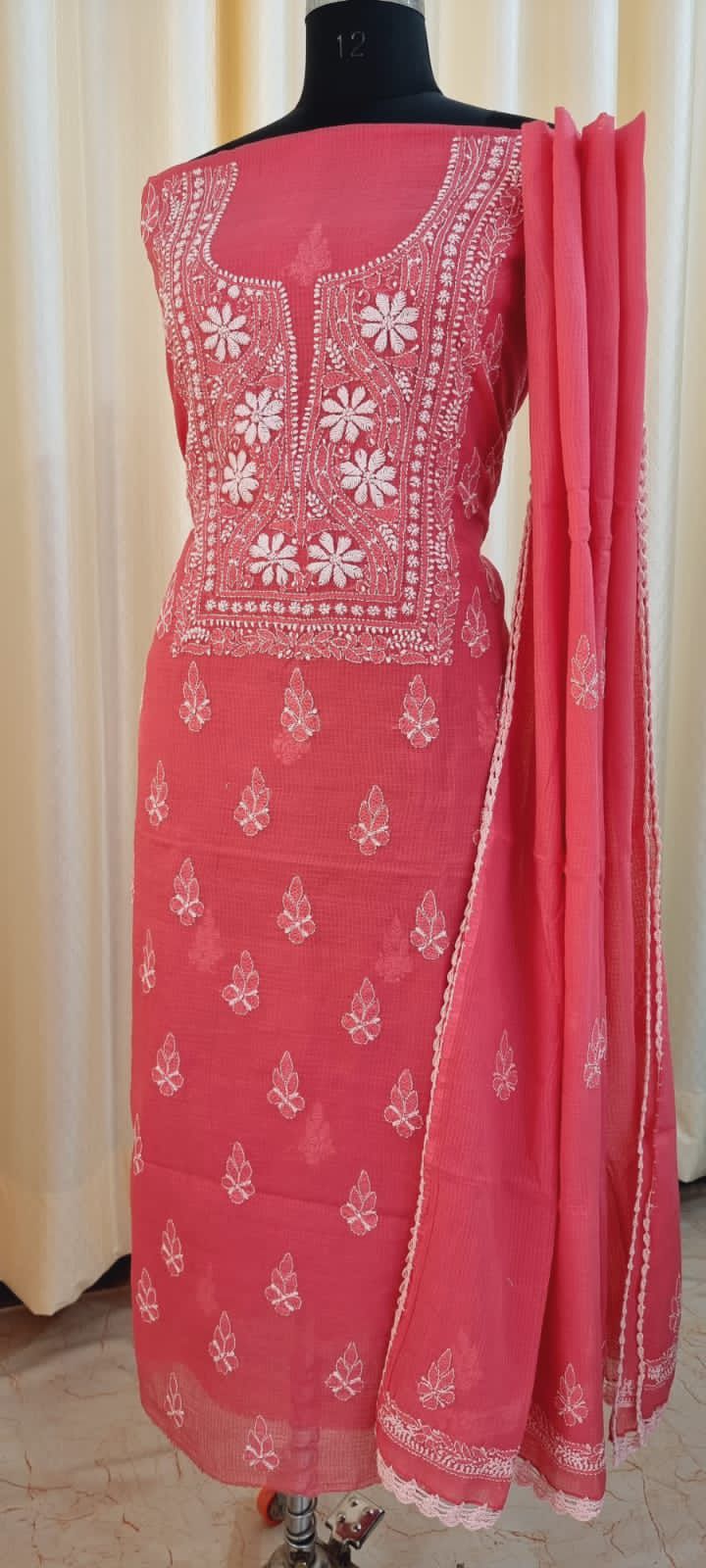 Soft Kota Doria Top & Dupatta Dress Material with Lucknowi Chikankari & Kurashiya Work