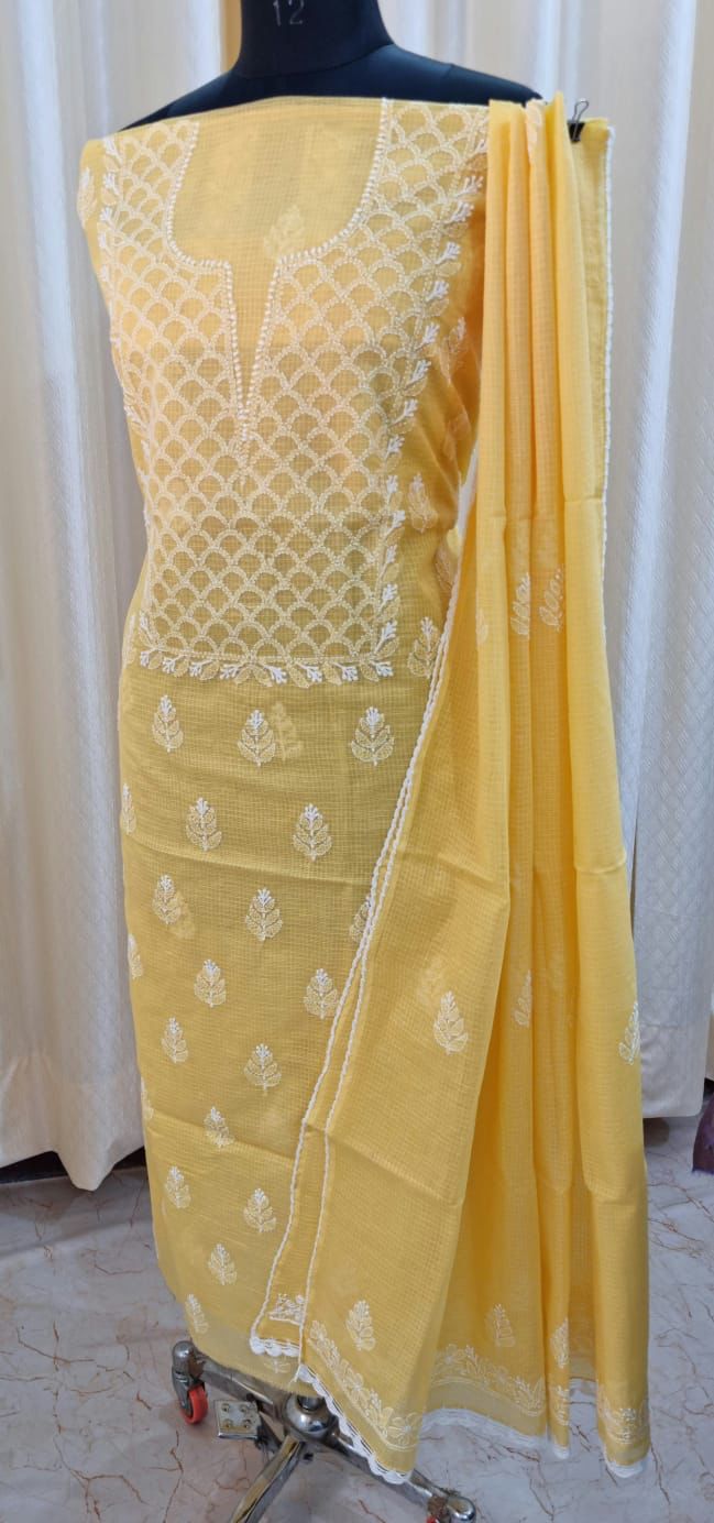 Soft Kota Doria Top & Dupatta Dress Material with Lucknowi Chikankari & Kurashiya Work