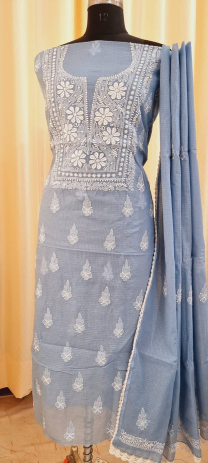 Soft Kota Doria Top & Dupatta Dress Material with Lucknowi Chikankari & Kurashiya Work