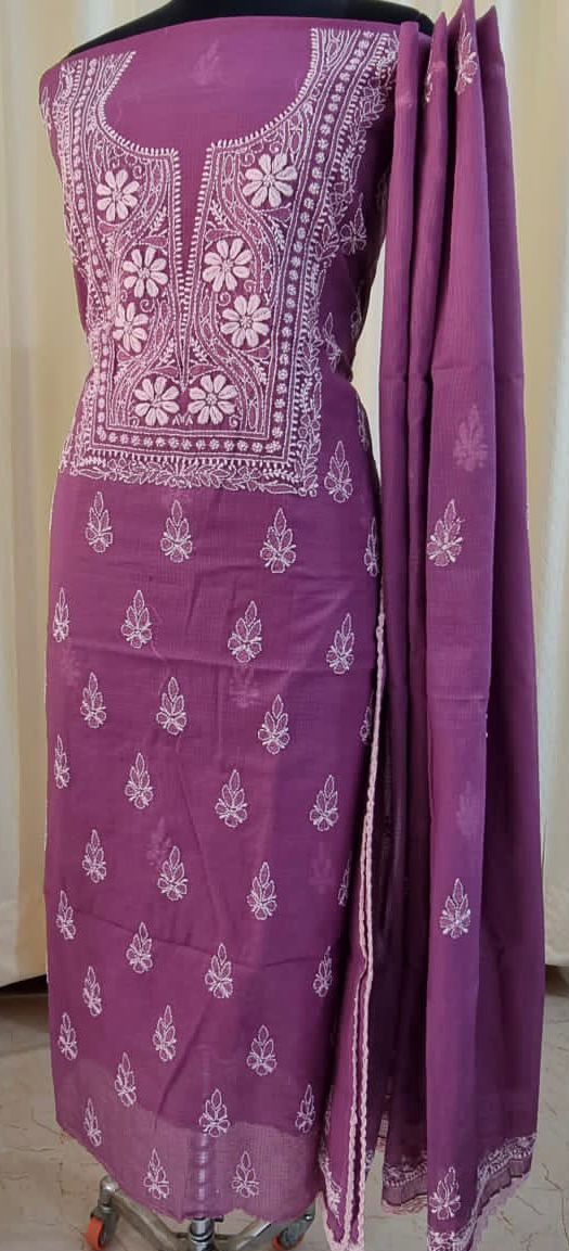 Soft Kota Doria Top & Dupatta Dress Material with Lucknowi Chikankari & Kurashiya Work