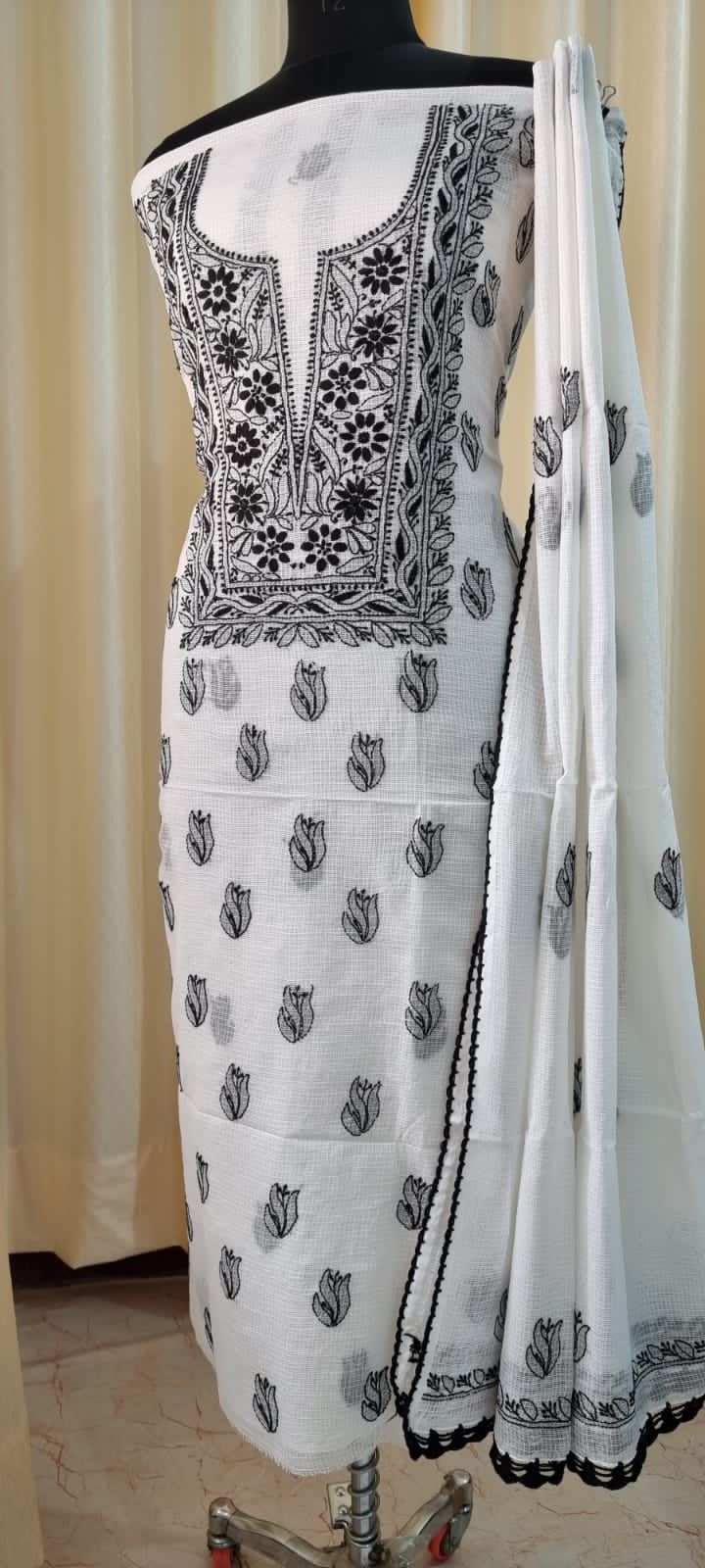 Soft Kota Doria Top & Dupatta Dress Material with Lucknowi Chikankari & Kurashiya Work