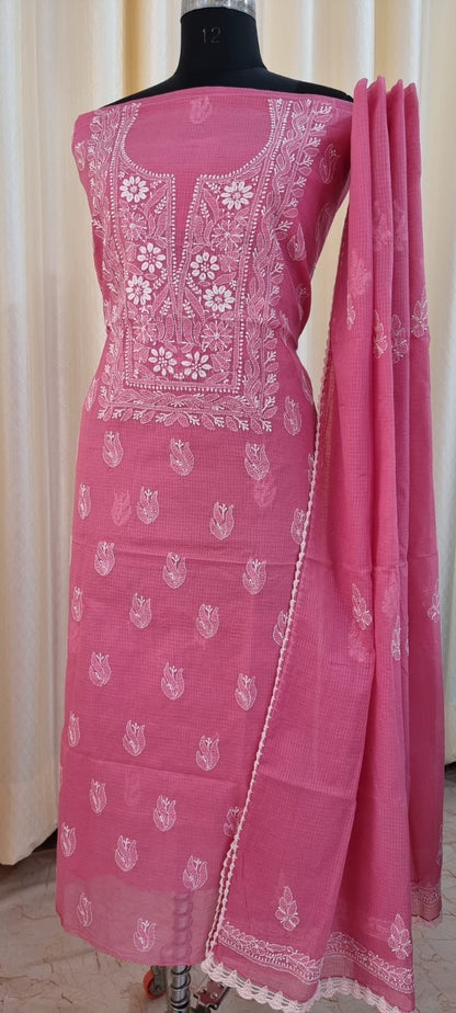 Soft Kota Doria Top & Dupatta Dress Material with Lucknowi Chikankari & Kurashiya Work
