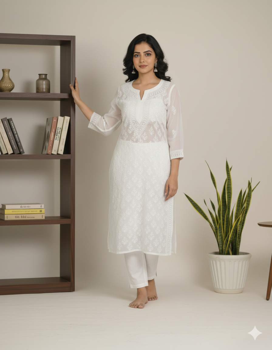 White georgette jaal kurta with hand embroidery - front view