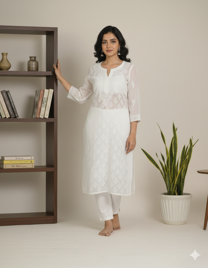 White georgette jaal kurta with hand embroidery - front view