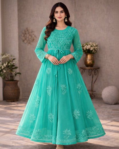 Green georgette anarkali with intricate embroidery - front view