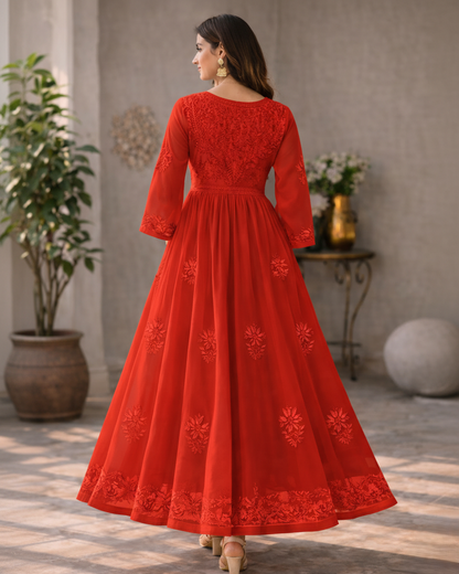 Red georgette anarkali with intricate embroidery - back view